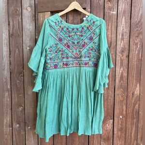 Umgee Bohemian Boho Green Embroidered Bell Sleeve Dress